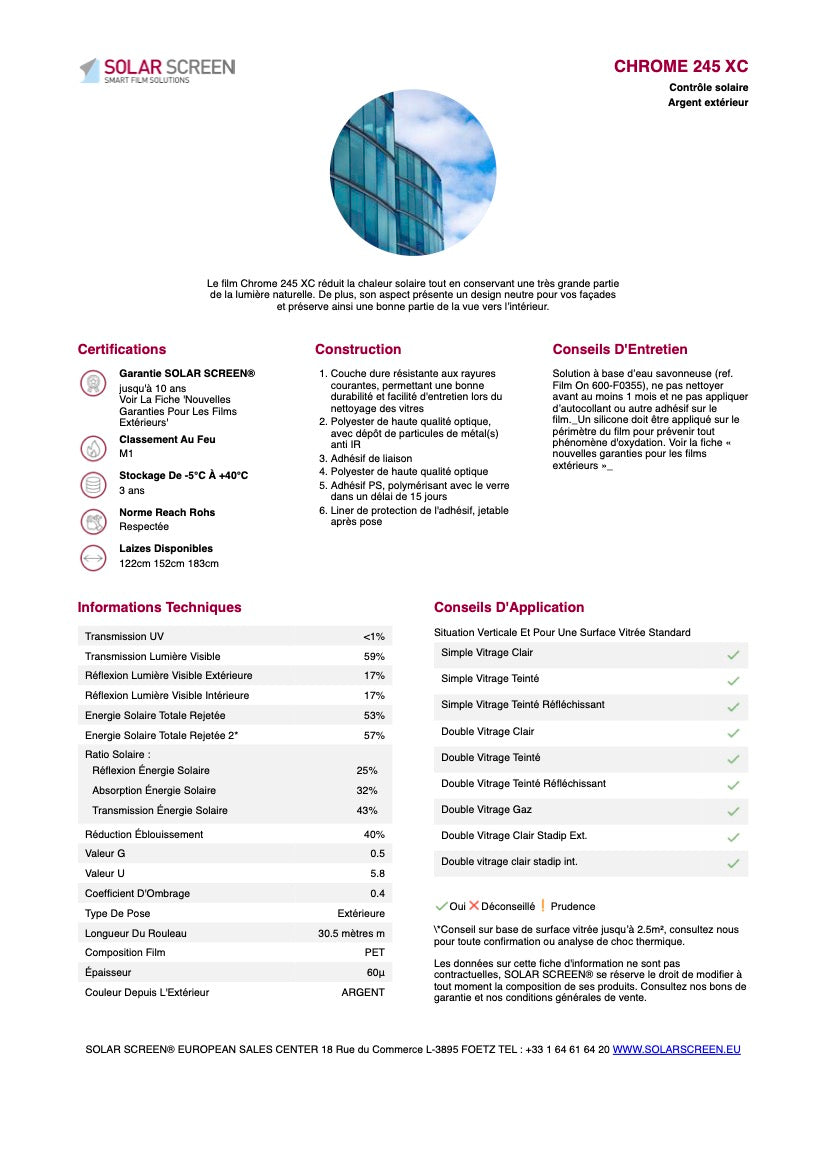 CHROME 245 XC - Film Solaire Argent Pose Extérieur - 0,91m