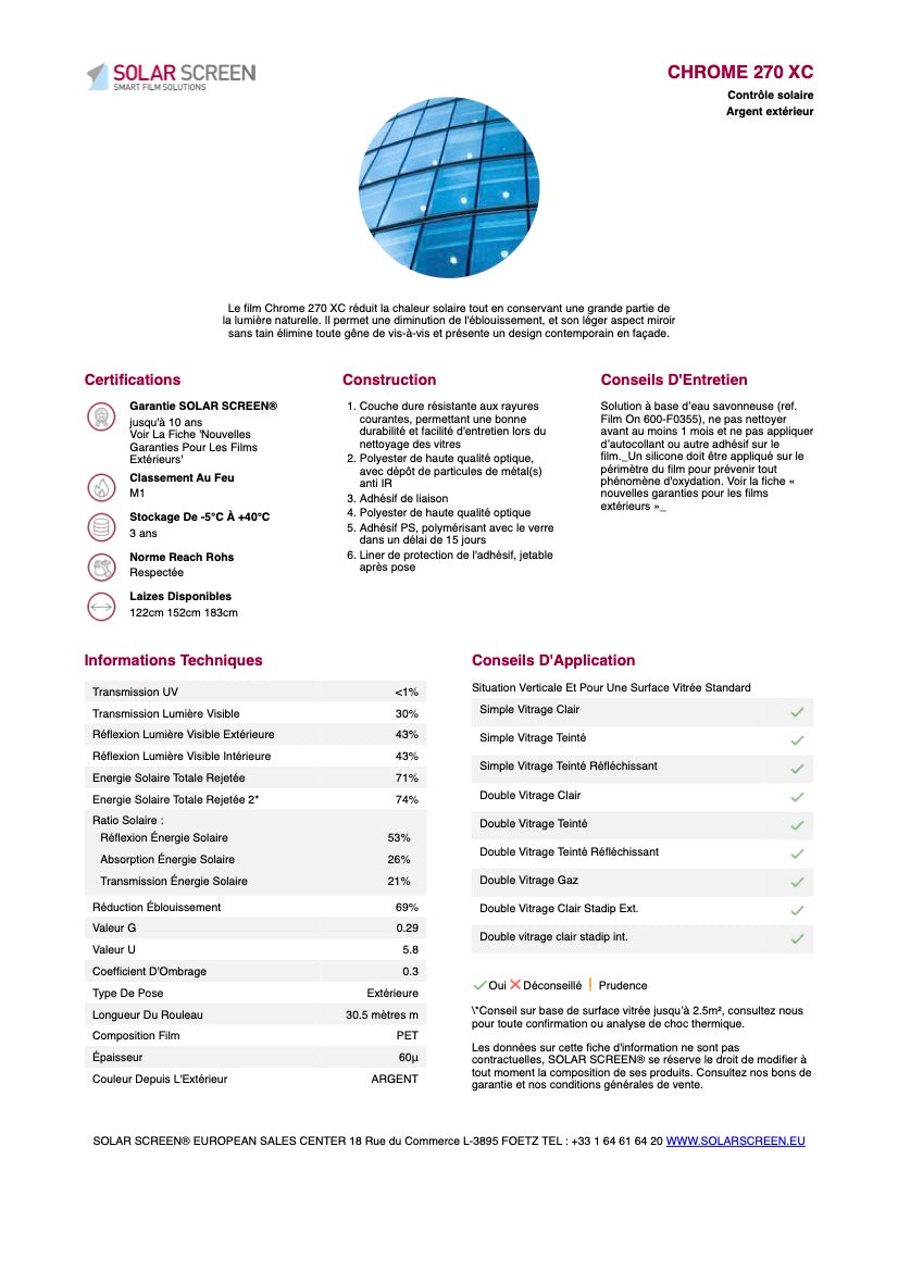 CHROME 270 XC - Film Solaire Argent Pose Extérieur - 0,91m