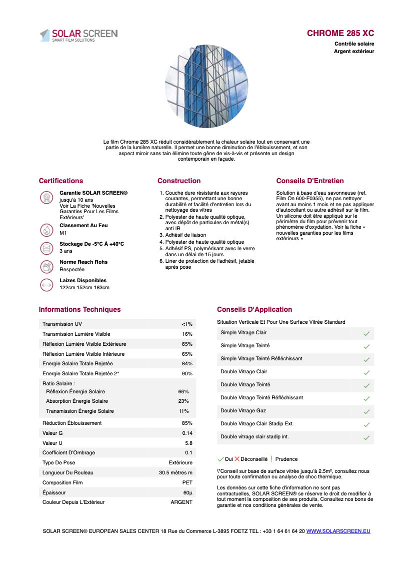 CHROME 285 XC - Film Solaire Argent Pose Extérieur - 0,91m