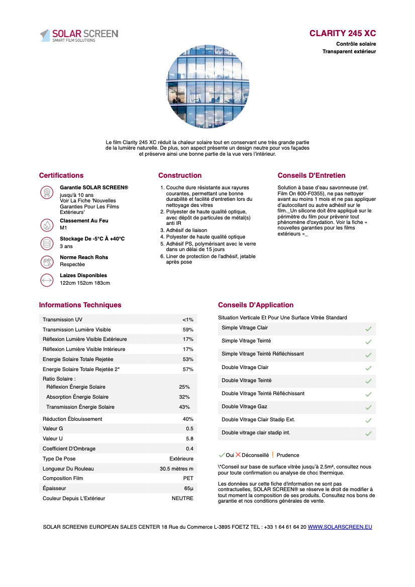 CLARITY 245 XC - Film Solaire Transparent Pose Extérieur - 1.83m