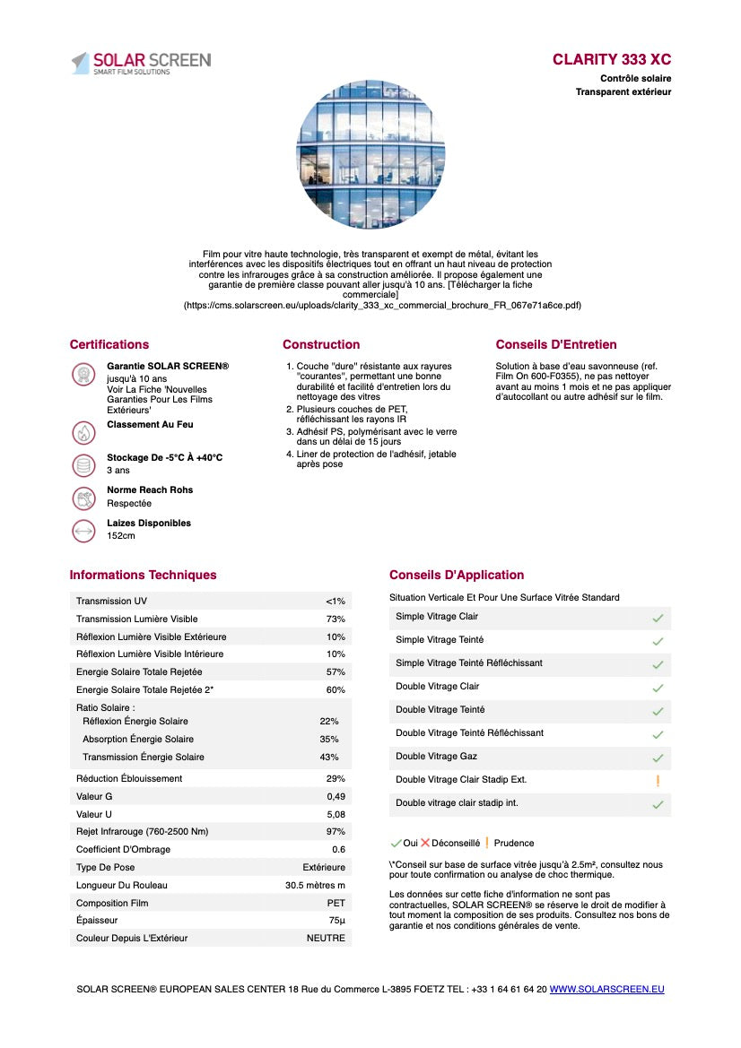 CLARITY 333 XC - Film Solaire Transparent Pose Extérieur - 1.83m