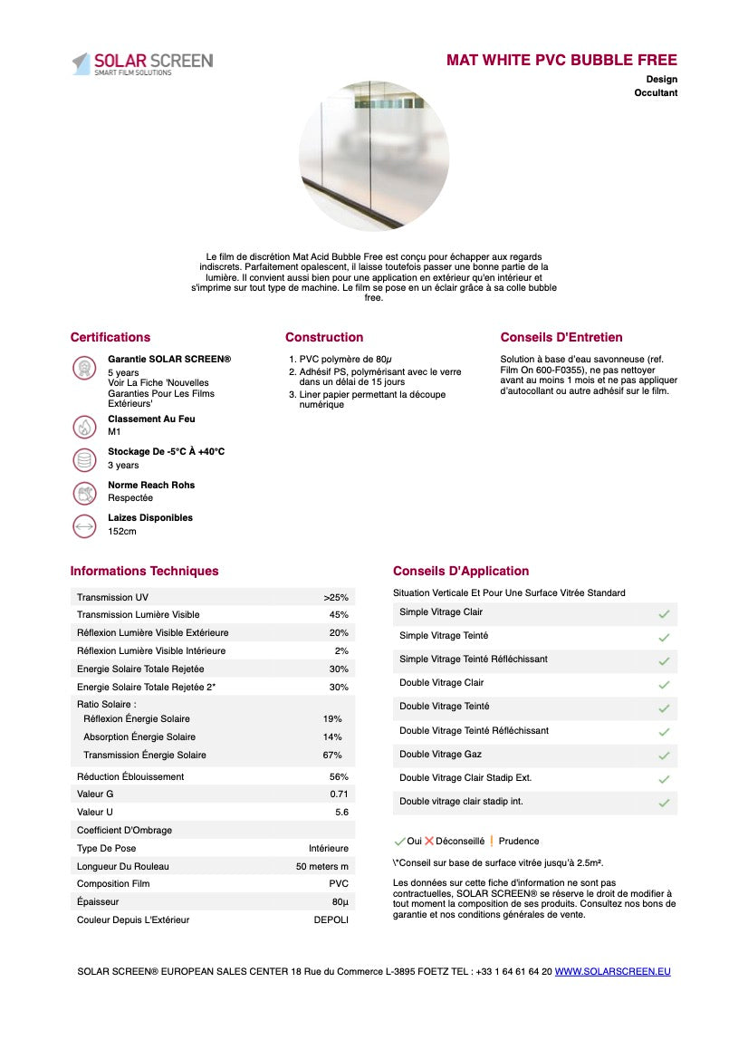MAT WHITE PVC - 1,52m Bubble Free