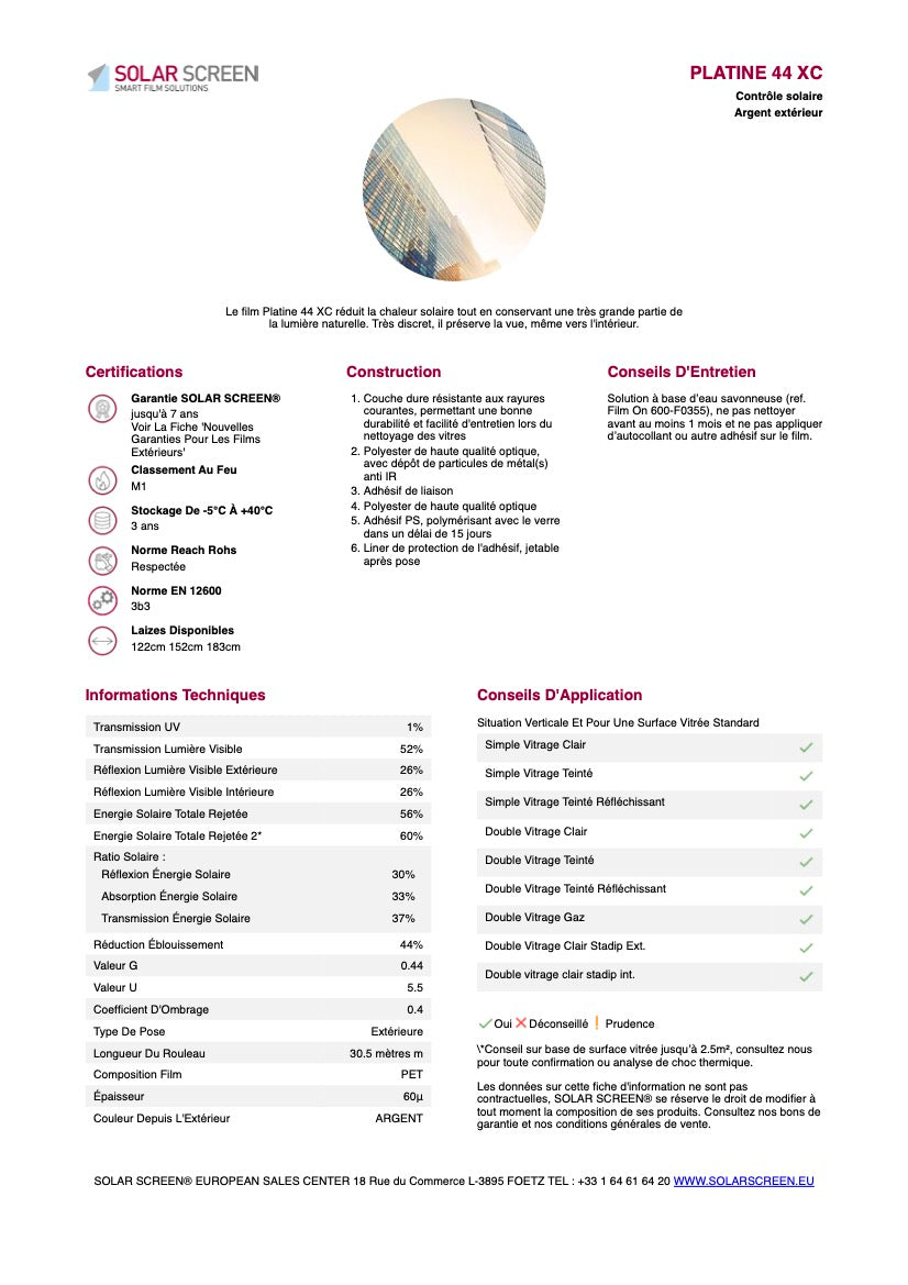 PLATINE 44 XC - Film Solaire Argent Pose Extérieur - 1.22m