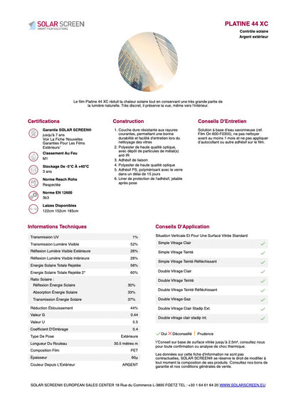 PLATINE 44 XC - Film Solaire Argent Pose Extérieur - 1.22m