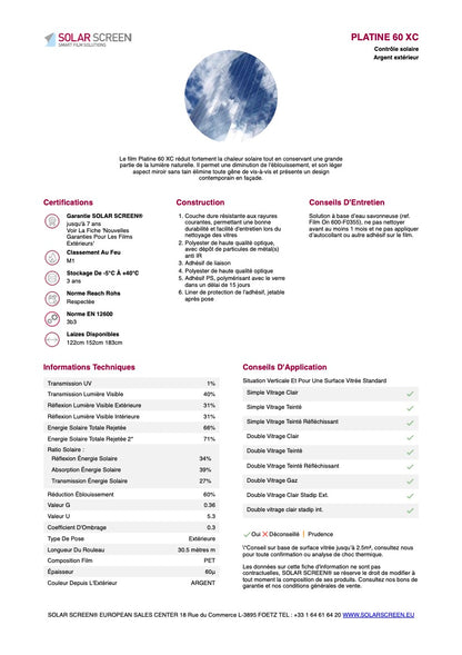 PLATINE 60 XC - Film Solaire Argent Pose Extérieur - 1.83m