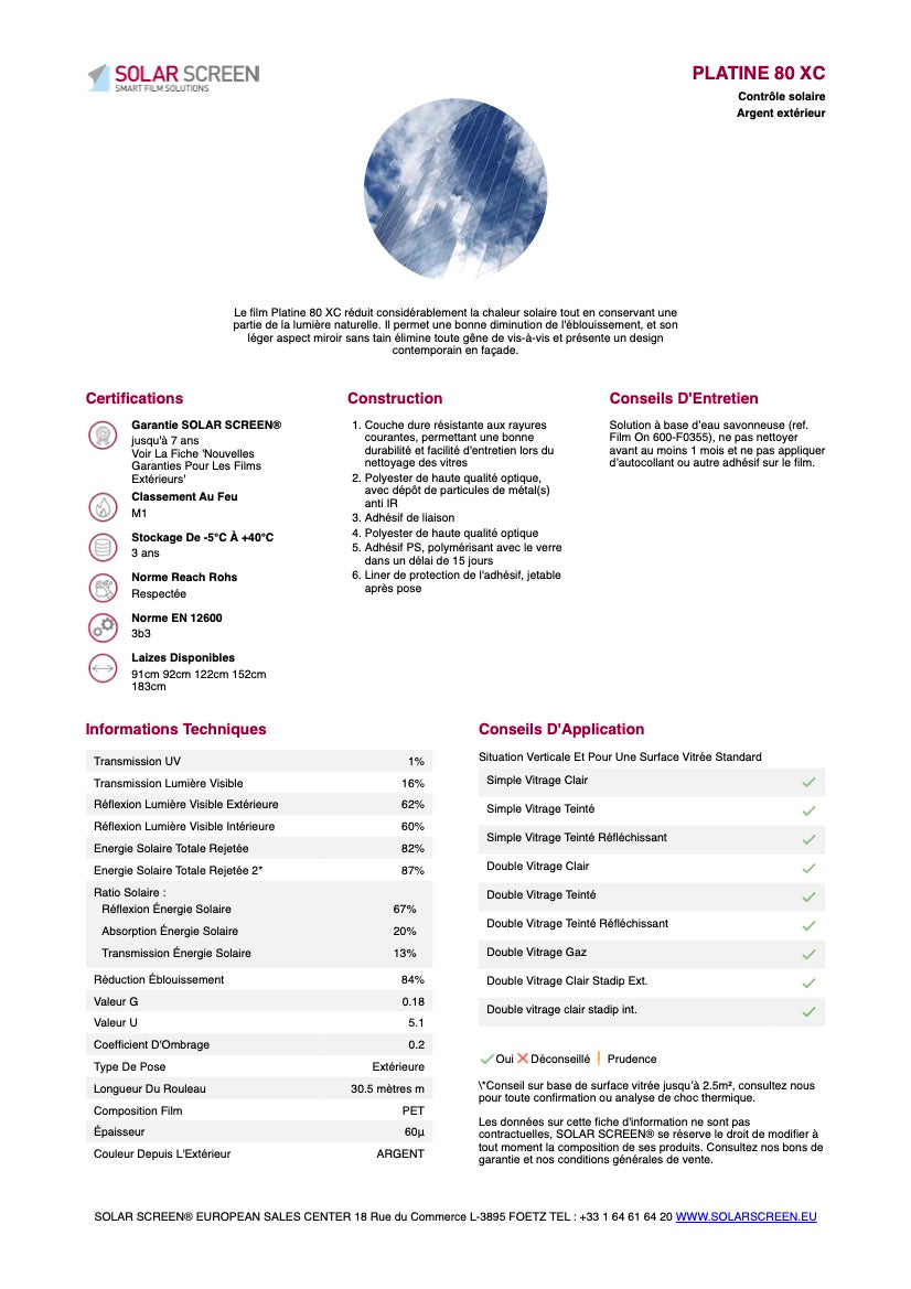 PLATINE 80 XC - Film Solaire Argent Pose Extérieur - 1.83m