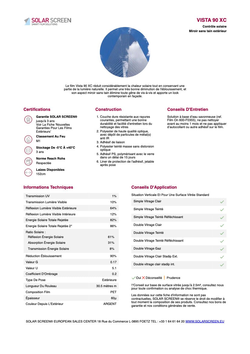 VISTA 90 XC - Film Solaire miroir sans tain - 1,52m